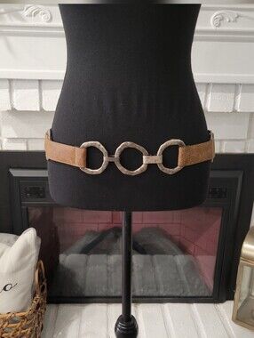 Vintage 90s Avignon Leather Chunky Metal Link Waist Bohemian Belt in Tan Medium
